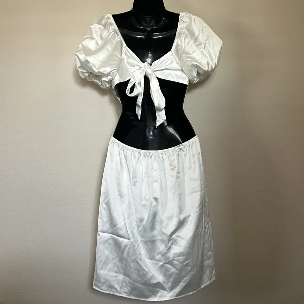 Princess Polly Cindi White Pleated Bust Puff Sleeve Tie Back Satin Mini Dress - Picture 9 of 12